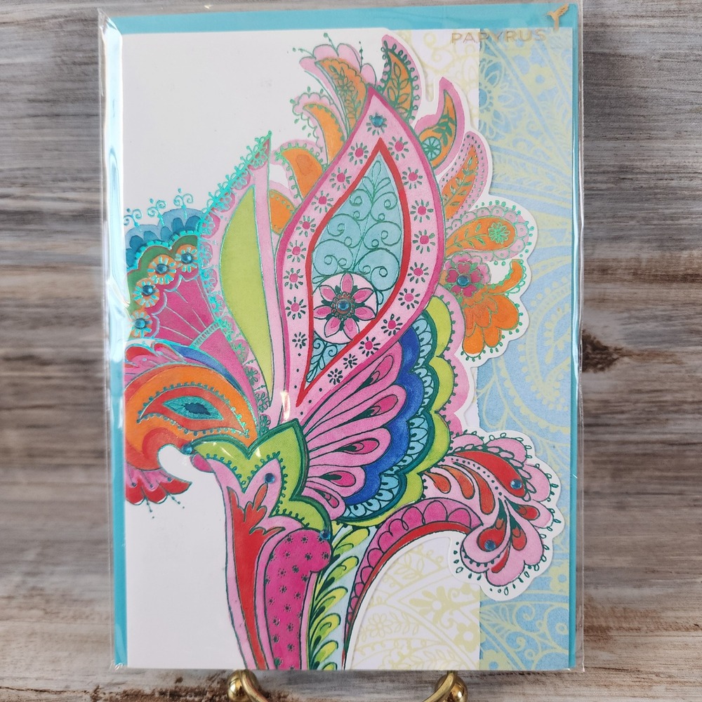 Papyrus Blank Greeting Card Gail Flores Paisley Floral Gem Embellished Teal